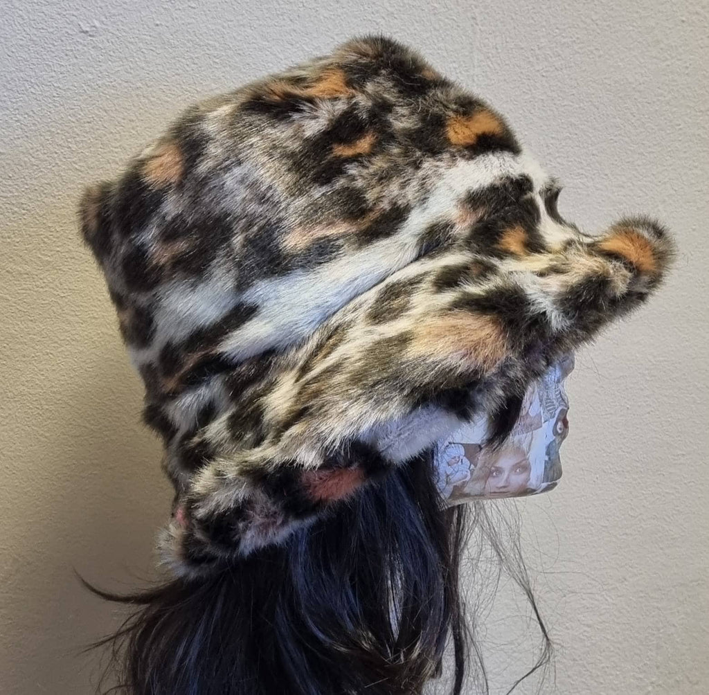Leopard Print Fuzzy Bucket Hat-Festival Hat-Animal Print Faux Fur Hat-Fake Fur Hat-Rave Hat-Leopard Print Bucket Hat- Hat-vegan friendly-