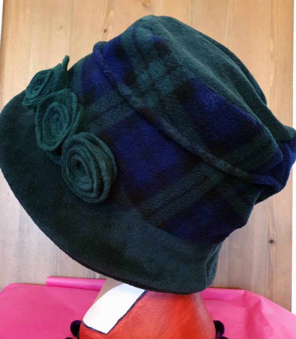 Dark Green & Tartan Fleece Cloche Hat | 1920s Vintage Style | Handmade in England
