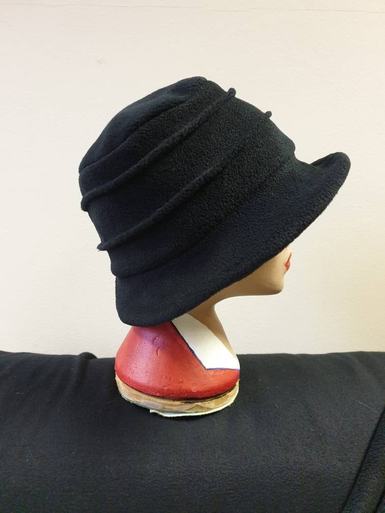 Black Fleece Hat-Downton Abbey Hat-Womens Fleece Hat-Womens Fleece Winter Hat-1930's-Vintage Hat-Ladies Winter Hat-Cloche Hat-Flapper Hat