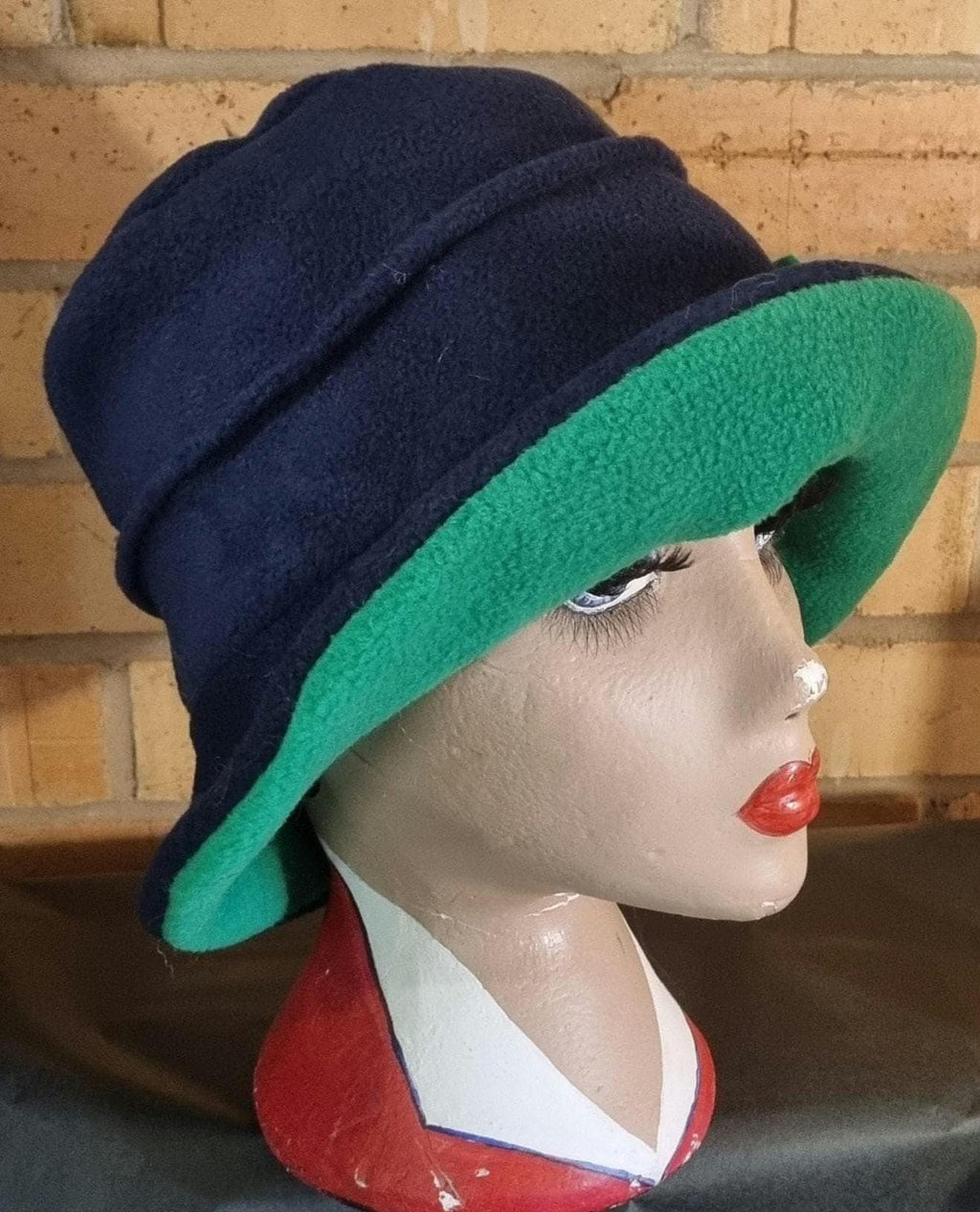 Fleece Cloche Hat: Navy Blue & Green, Downton Abbey Style