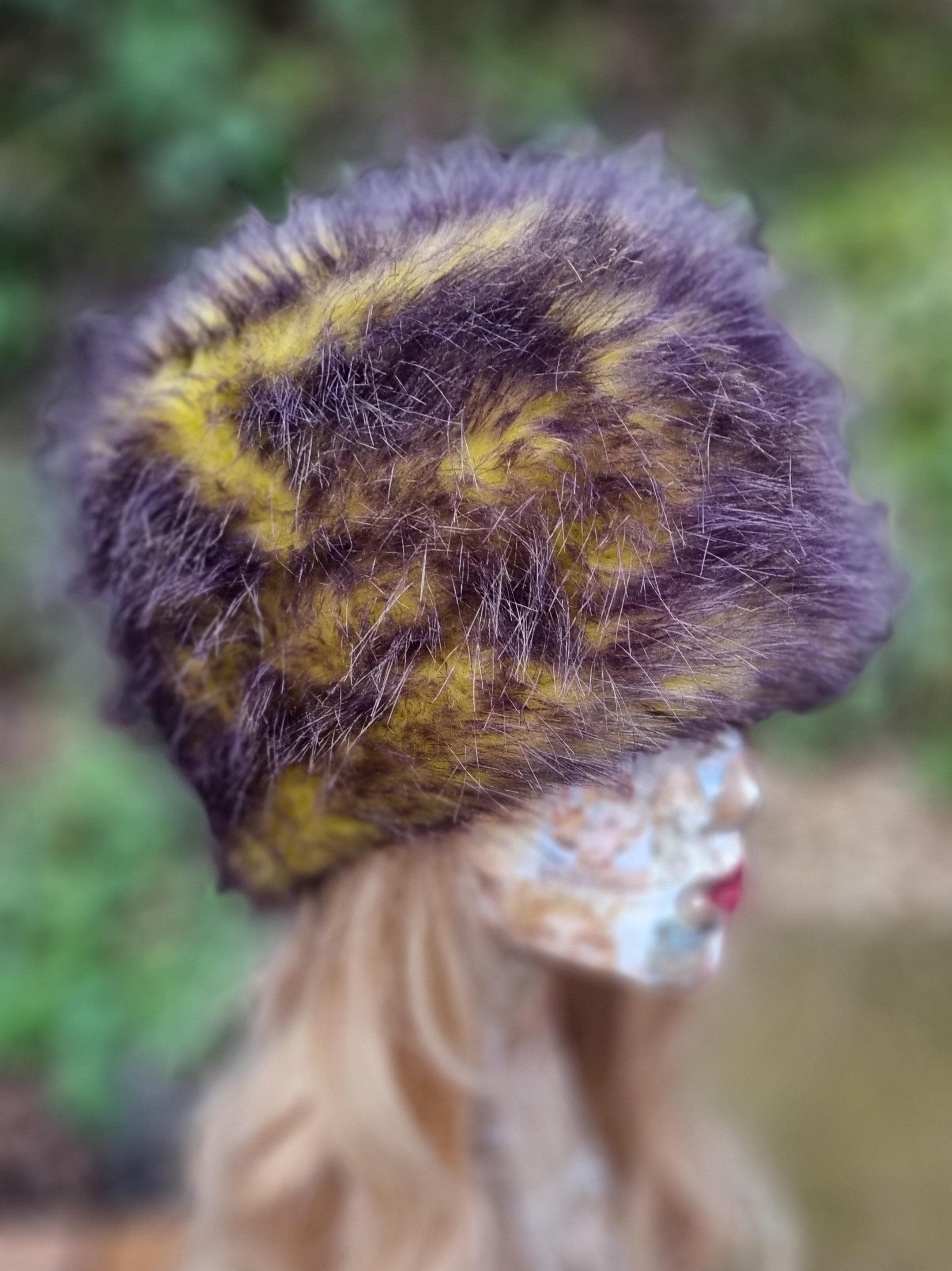 Yellow and Dark Grey Faux Fur Hat-Fleece Lining- Wintet Fur Hat-Black Fur Hat-Yellow-Cruelty Free-Vegan Fabric
