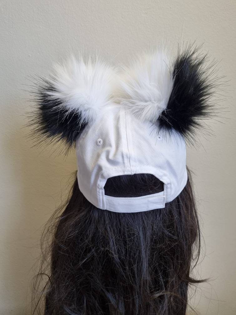 Fabulous Fluffy Pom Pom Baseball Cap- White baseball Cap- Black/White Pom Pom