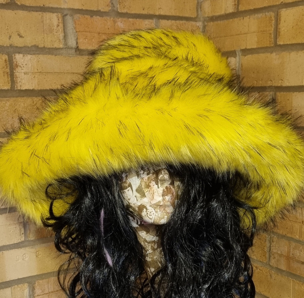 Canary Yellow Black Tips Faux Fur Bucket Hat | Extra Wide Wired Brim | Handmade Festival Hat