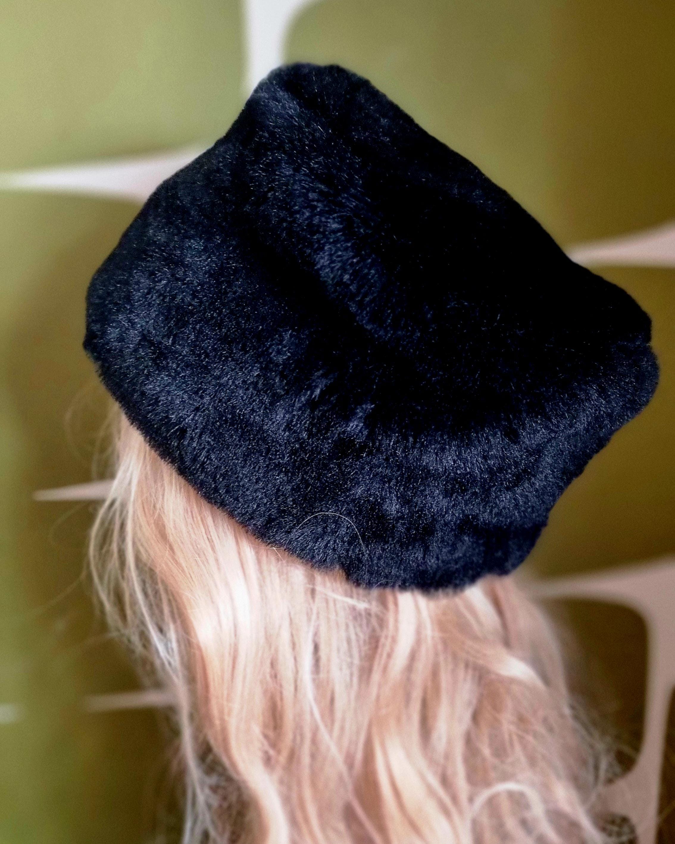 Black Faux Fur Hat- Black Fur Hat- Fleece Lining- Winter Hat- Fur Hat- Vegan- Cruelty Free