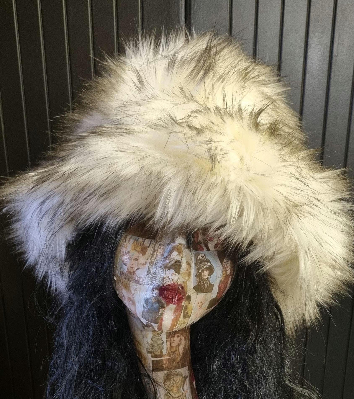 Fluffy White with Black Bits Fuzzy Bucket Hat-Festival Hat-Floppy Hat-Fur Hat-Fake Fur Hat-Rave Hat-Pink Bucket Hat-vegan friendly hat-