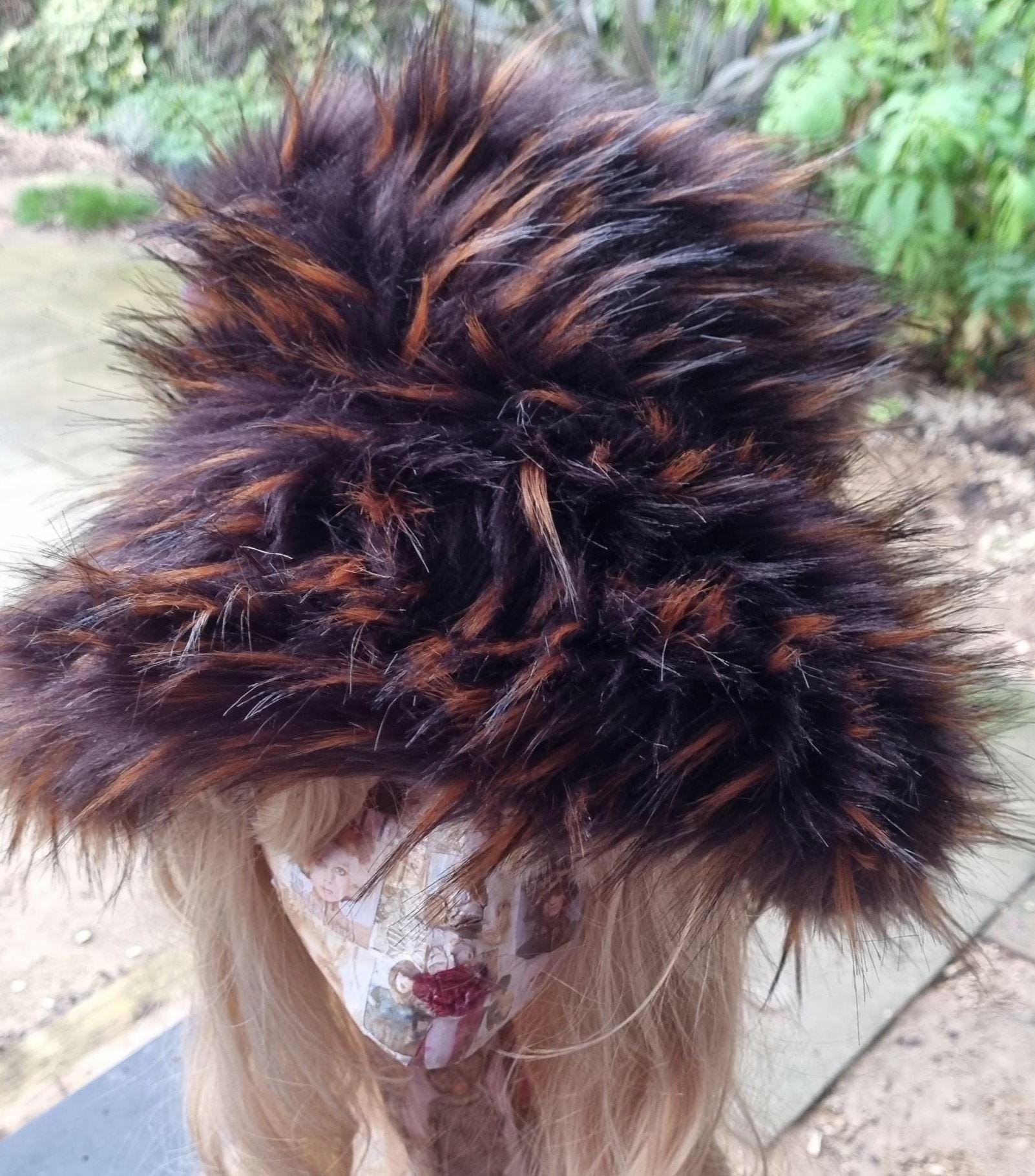 Brown Bronze Tips Extra Wide Wire Brim Fuzzy Bucket Hat-Oversize Bucket Hat -Fake Fur Hat-Rave Hat-Brown-  Bucket Hat-Cruelty Free