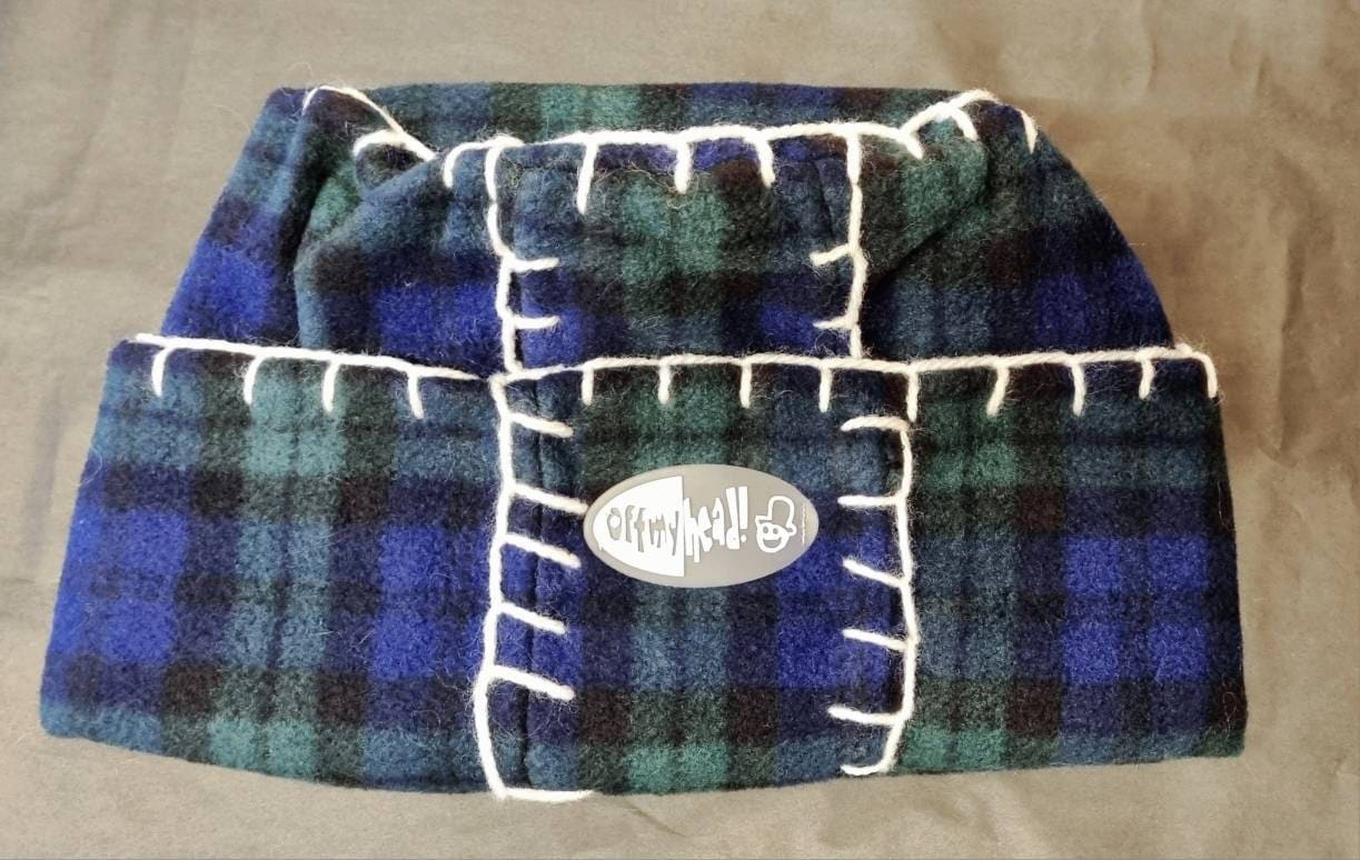 Original Off My Head Hat Tartan Fleece Hat with Blanket Stitch Detail Double Fleece- Fleece Pill Box Hat-Off My Head Hats- Tartan Hat-Fleece