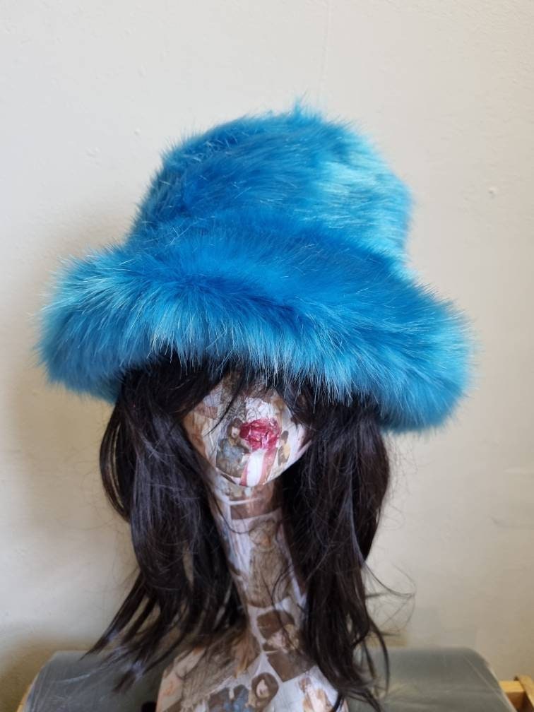 Stunning Super Luxury  Faux Fur Bucket Hat-Peacock Blue-Fuzzy Bucket Hat-Festival Hat-Floppy Hat-Fur Ha-Rave Hat-Blue Bucket Hat