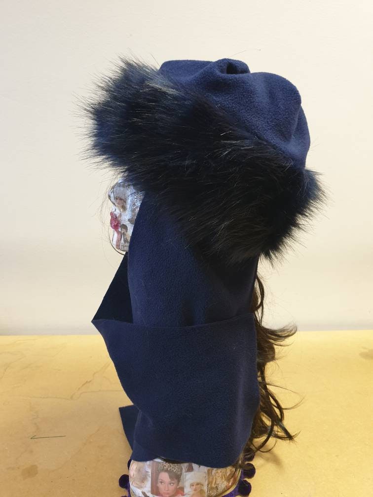 Frieda Scarf Hat-Navy Faux Fur Hat with Navy Fleece Top and Long Fleece Sides- Navy Fur Hat-Midnight Blue- Full Polar Fleece Lining