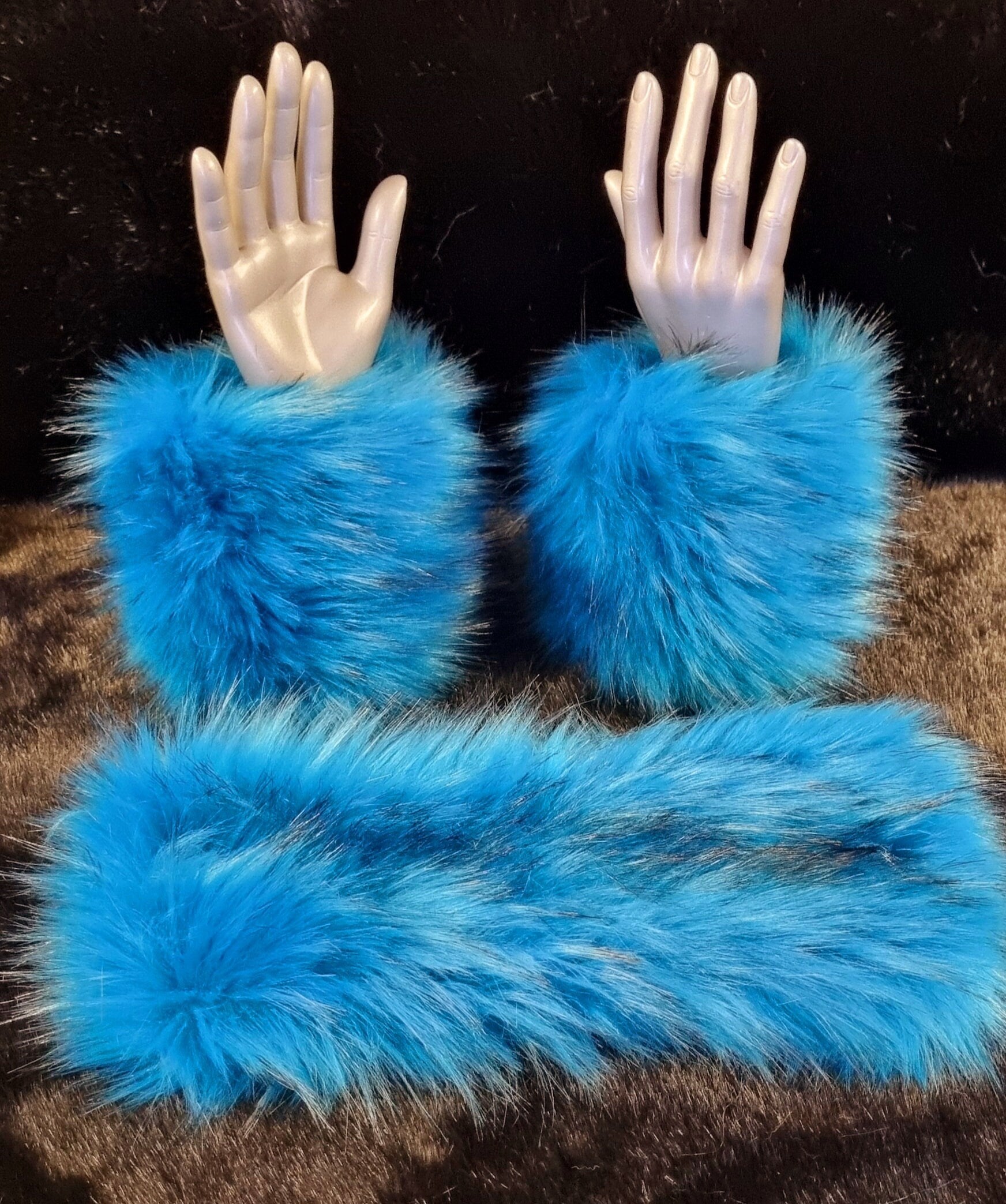 Turquoise Faux Fur Cuffs with Black Tips | Festival Wrist Warmers | Handmade in England