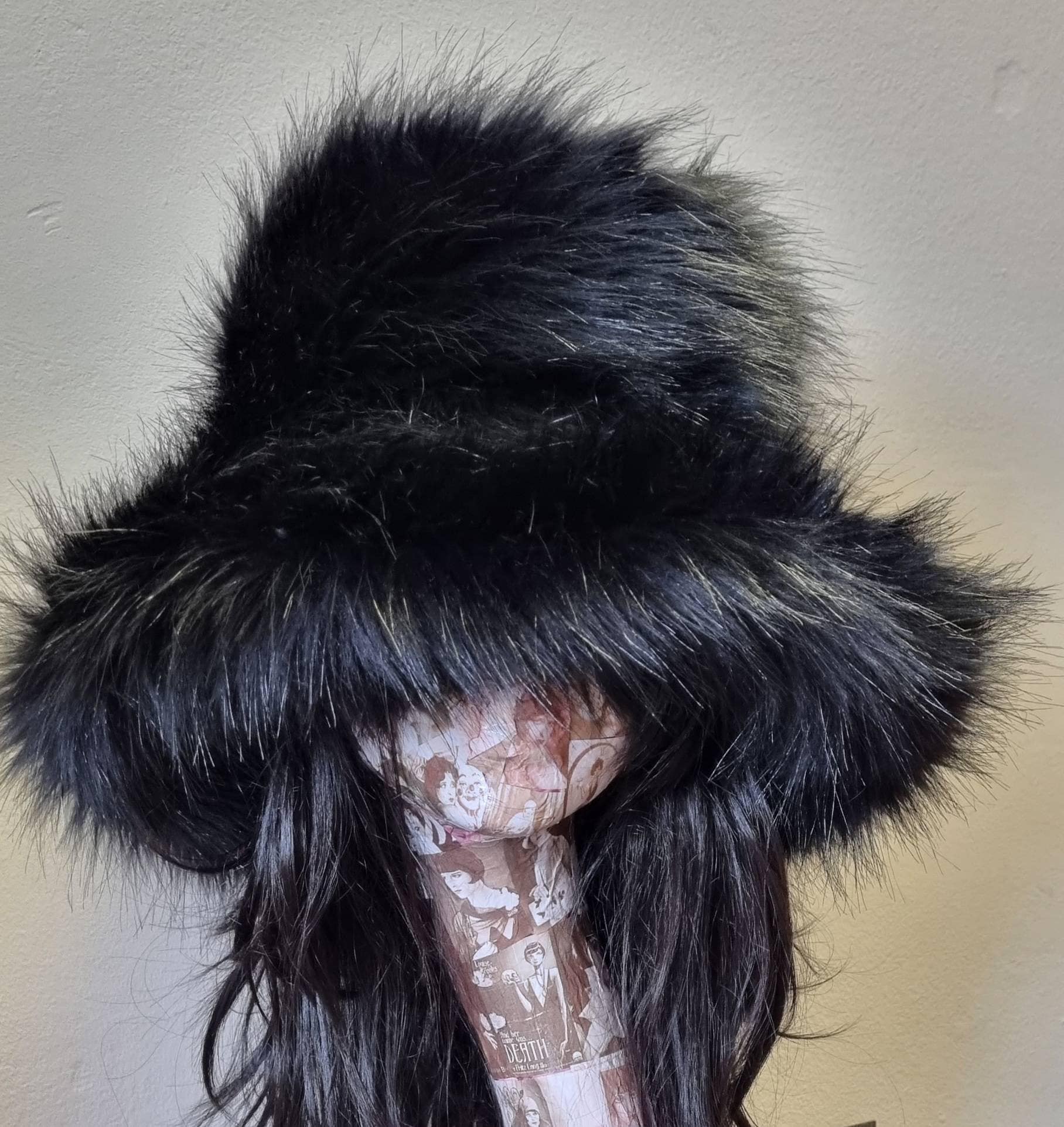 Shiny Black Fabulous Wider 4 inch Brim-Luxury Faux Fur Bucket Hat-Black Fur-Fuzzy Bucket Hat-Festival Hat-Floppy Hat-Fur Hat- Vegan Friendly