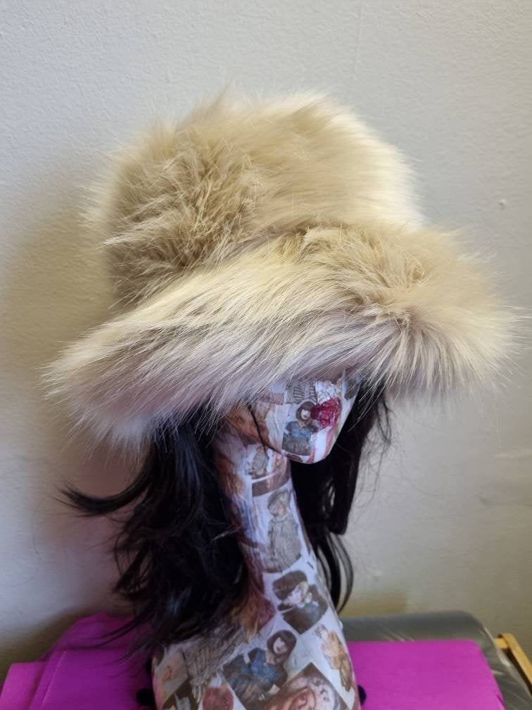 Caramel Fuzzy Bucket Hat-Festival Hat-Floppy Hat-Fur Hat-Fake Fur Hat-Rave Hat-Gold Bucket Hat-Cream Fur Hat-vegan friendly hat-