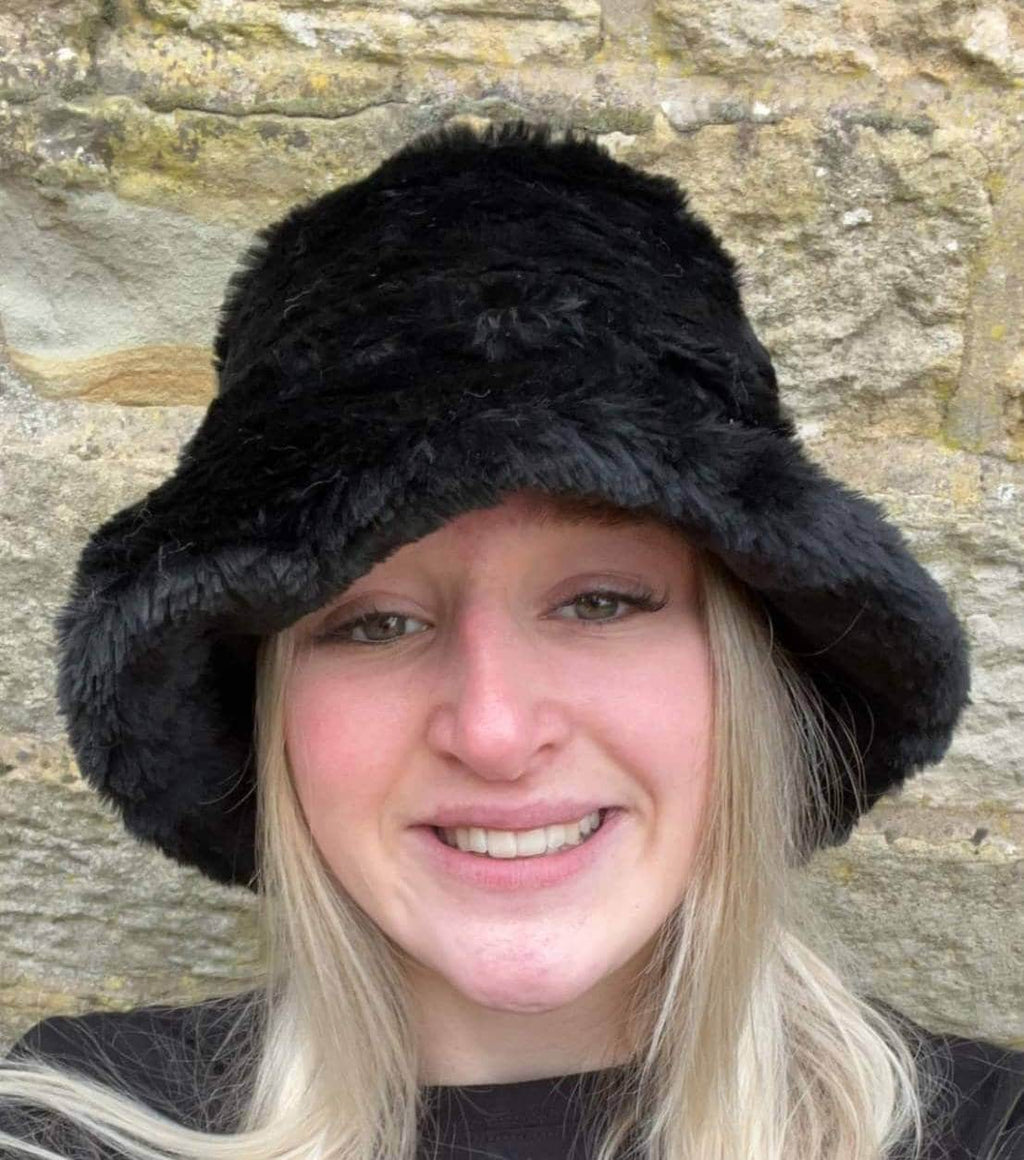 Short Black Fun Fur Bucket Hat-Festival Hat-Floppy Hat-Fur Hat-Fake Fur Hat-Rave Hat-Black Fur Hat- Black Fur Hat- Furry Bucket Hat