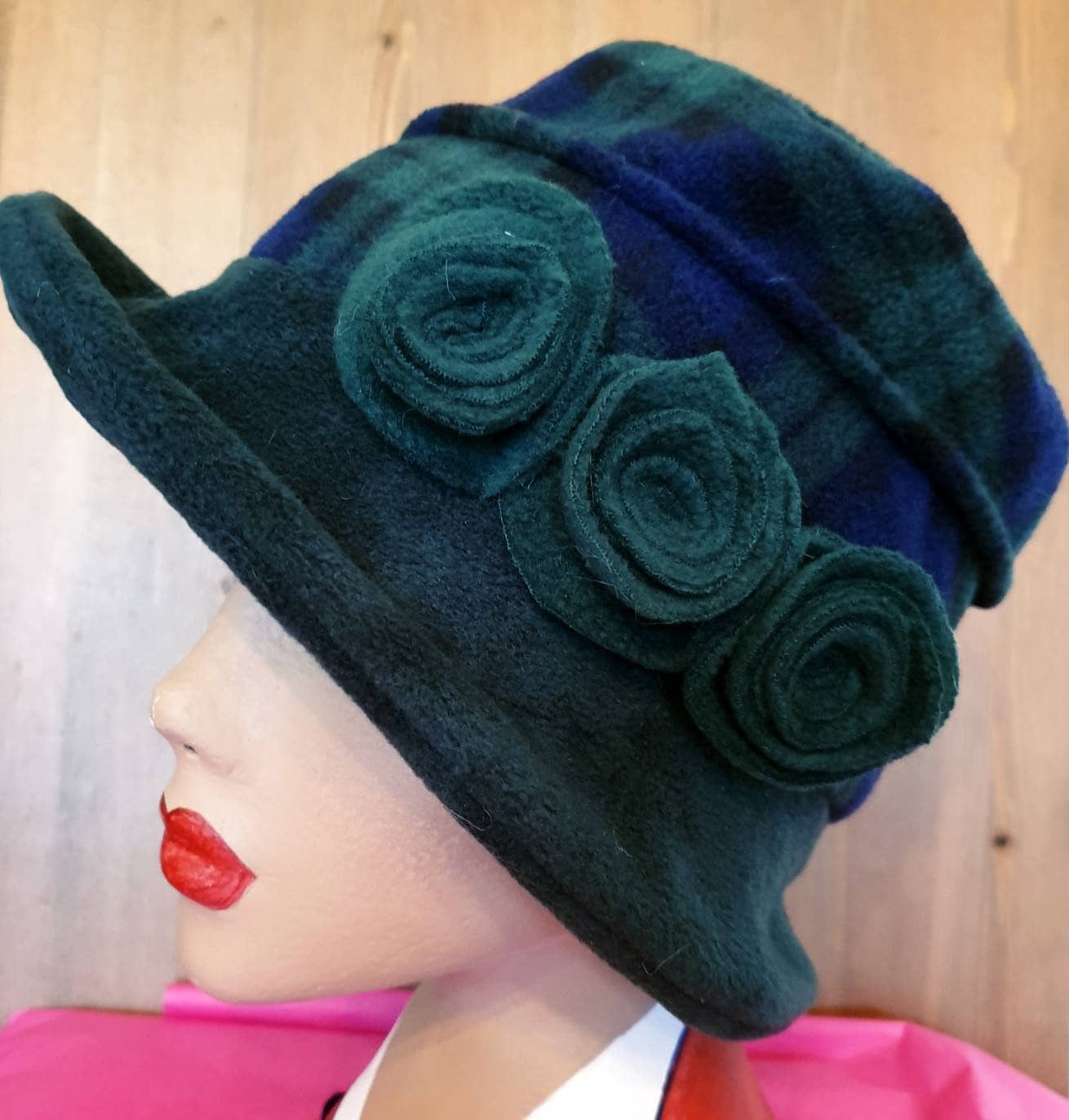 Dark Green & Tartan Fleece Cloche Hat | 1920s Vintage Style | Handmade in England