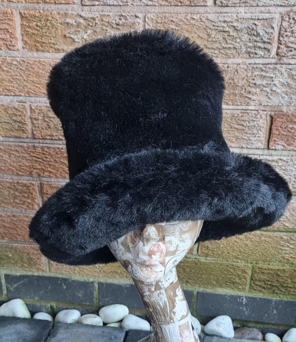 Tall Black Faux Fur Hat | Handmade in England | Festival & Statement Headwear