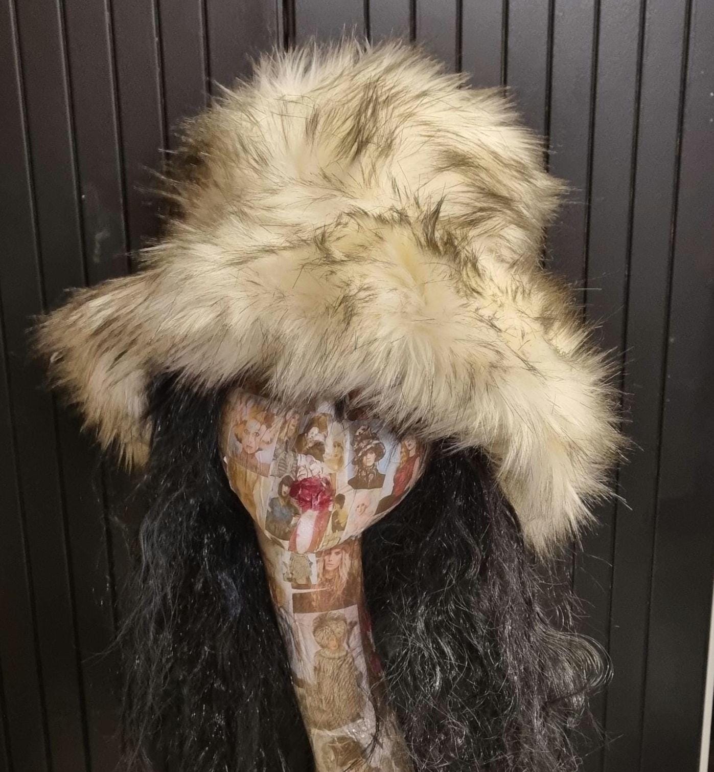 Fluffy White with Black Bits Fuzzy Bucket Hat-Festival Hat-Floppy Hat-Fur Hat-Fake Fur Hat-Rave Hat-Pink Bucket Hat-vegan friendly hat-