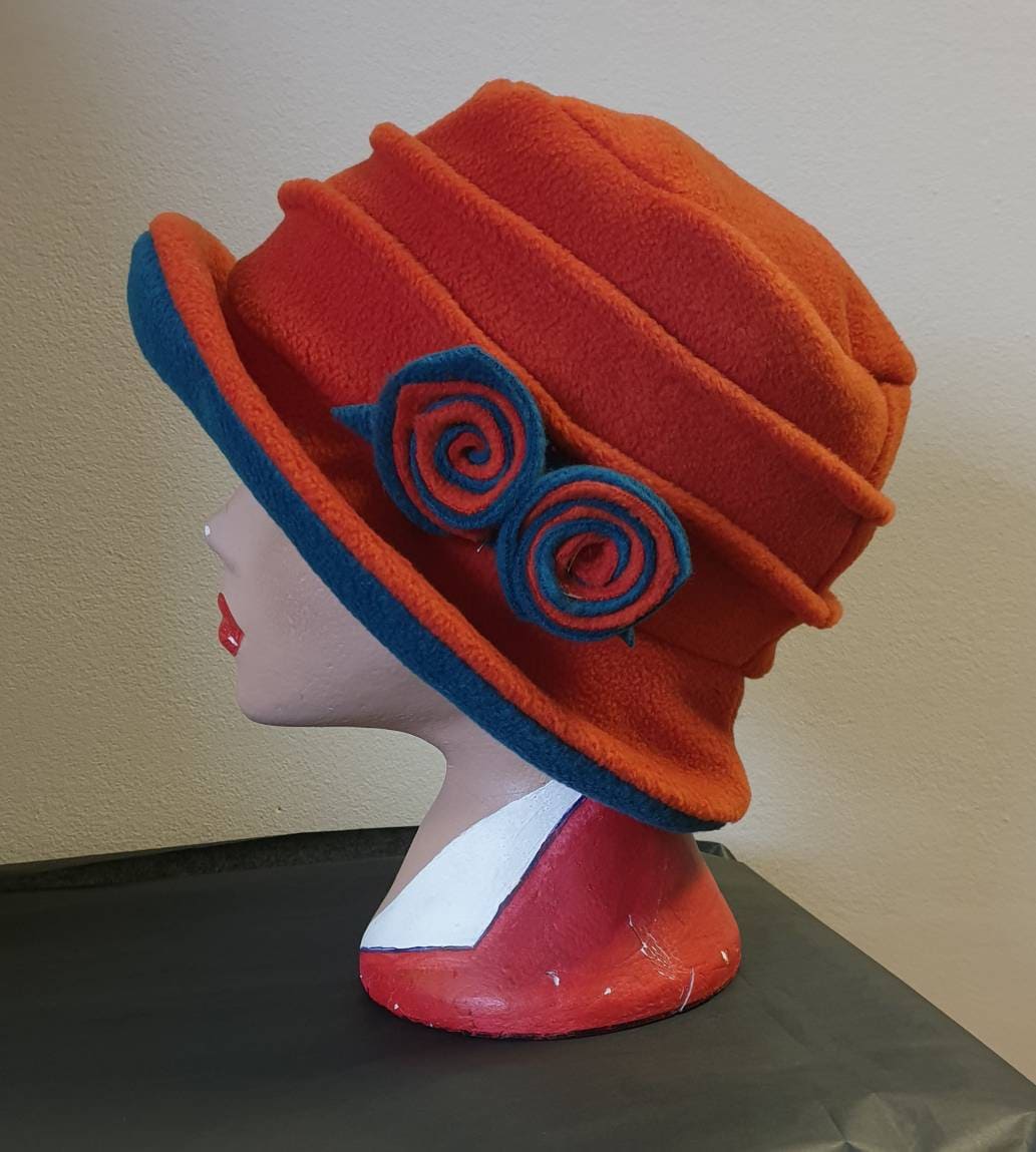 Burnt Orange & Teal Fleece Cloche Hat | Handmade in England