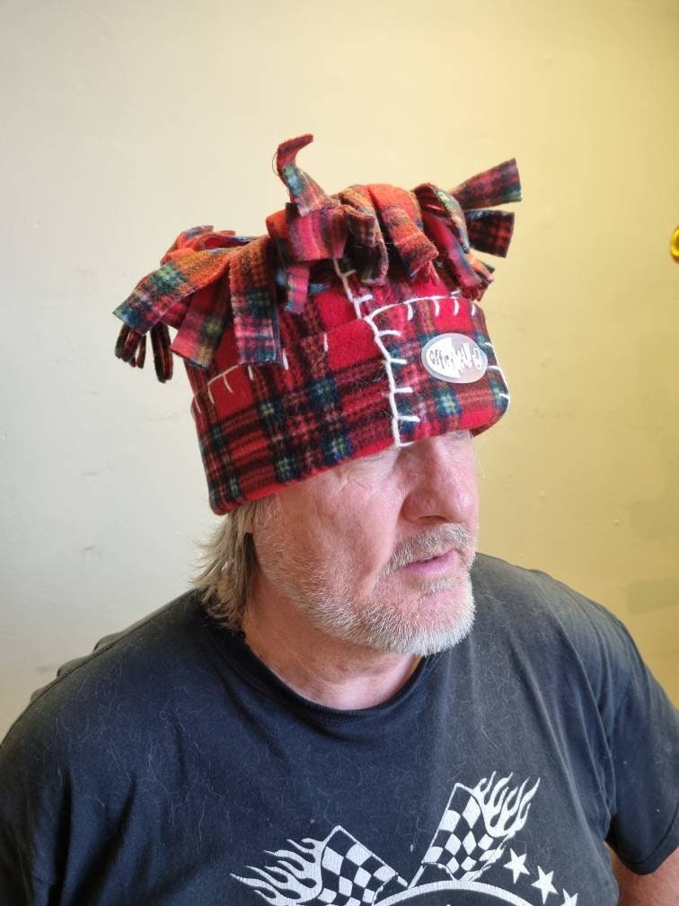 Tartan 'Tarantula' Fleece Hat with Blanket Stitch Detail- Fleece Winter Hat-Mens Winter hat- tartan fleece hat- Off My Head Hats