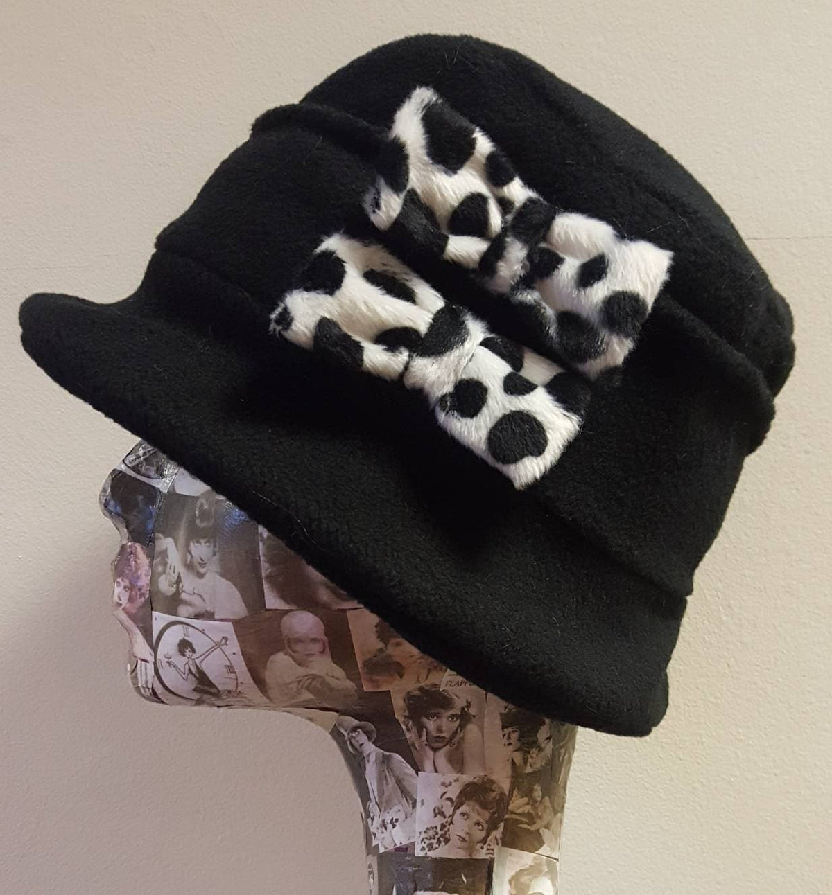 Black Cloche Hat In Cosy Polar Fleece-Dalmation Bows-Downton Abbey Hat-Womens Fleece Hat-Womens Fleece Winter Hat-1930's-Ladies Winter Hat