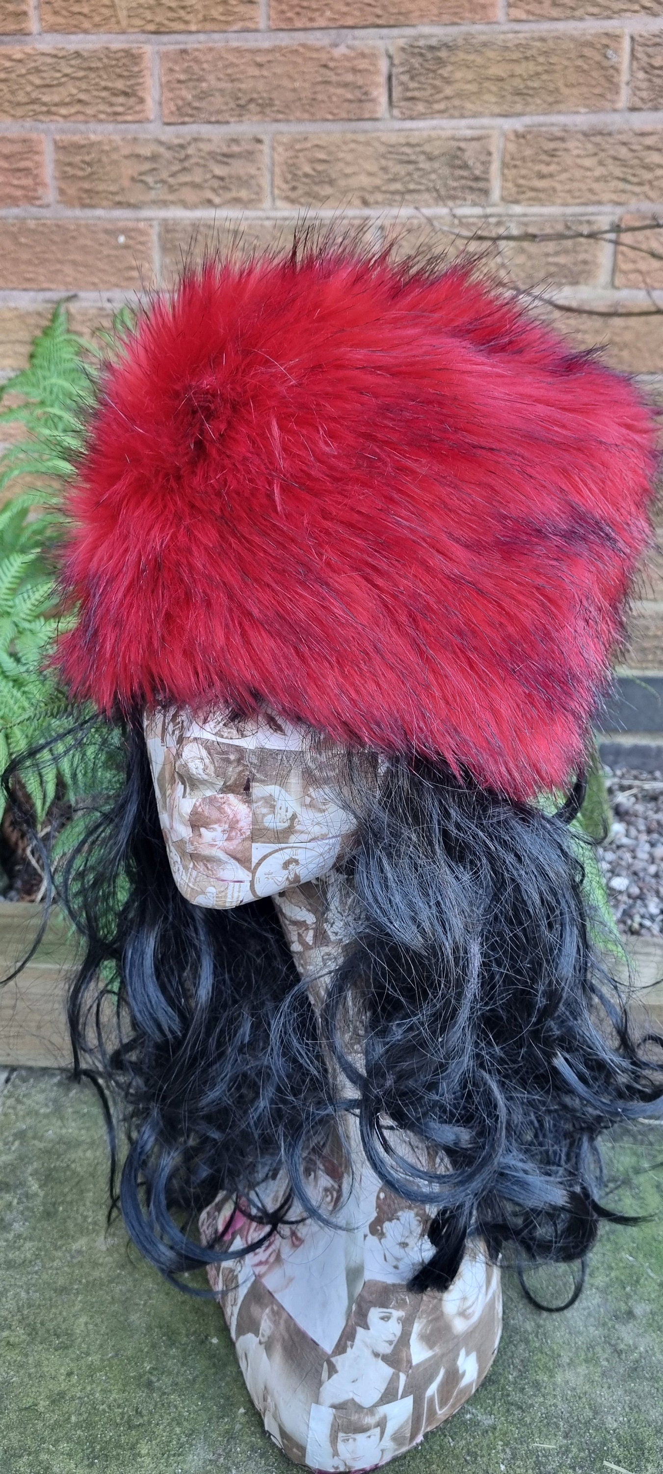 Vibrant Red/Black Luxury Faux Fur Hat with Polar Fleece Lining-Fur Hat-Fake Fur Hat-Winter Hat-Long Fur Hat-Red Fur Hat