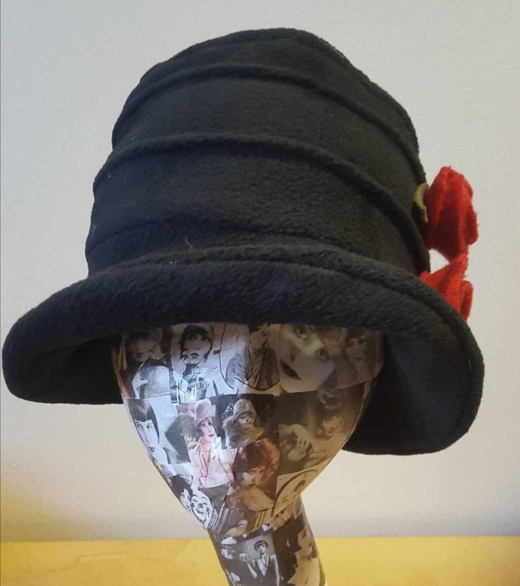 Handmade Black Fleece Hat with Red Flowers-Polar Fleece Lining-Downton Abbey Hat-Cloche Hat-Womens Fleece Winter Hat-1930's Hat-Fleece Hat