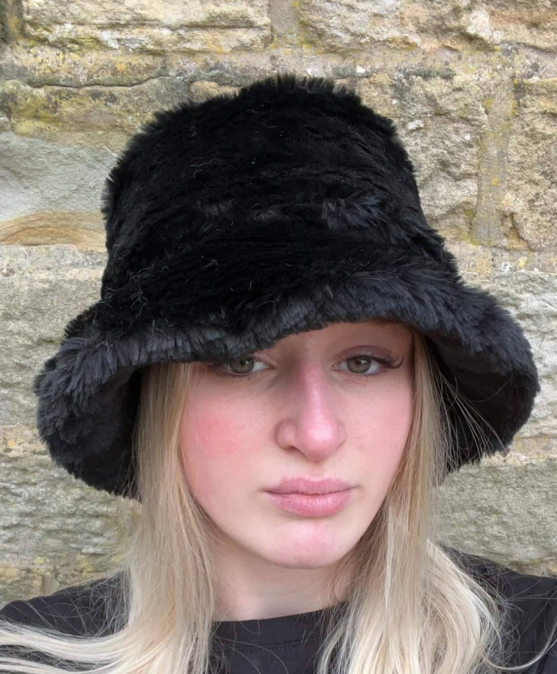 Short Black Fun Fur Bucket Hat-Festival Hat-Floppy Hat-Fur Hat-Fake Fur Hat-Rave Hat-Black Fur Hat- Black Fur Hat- Furry Bucket Hat