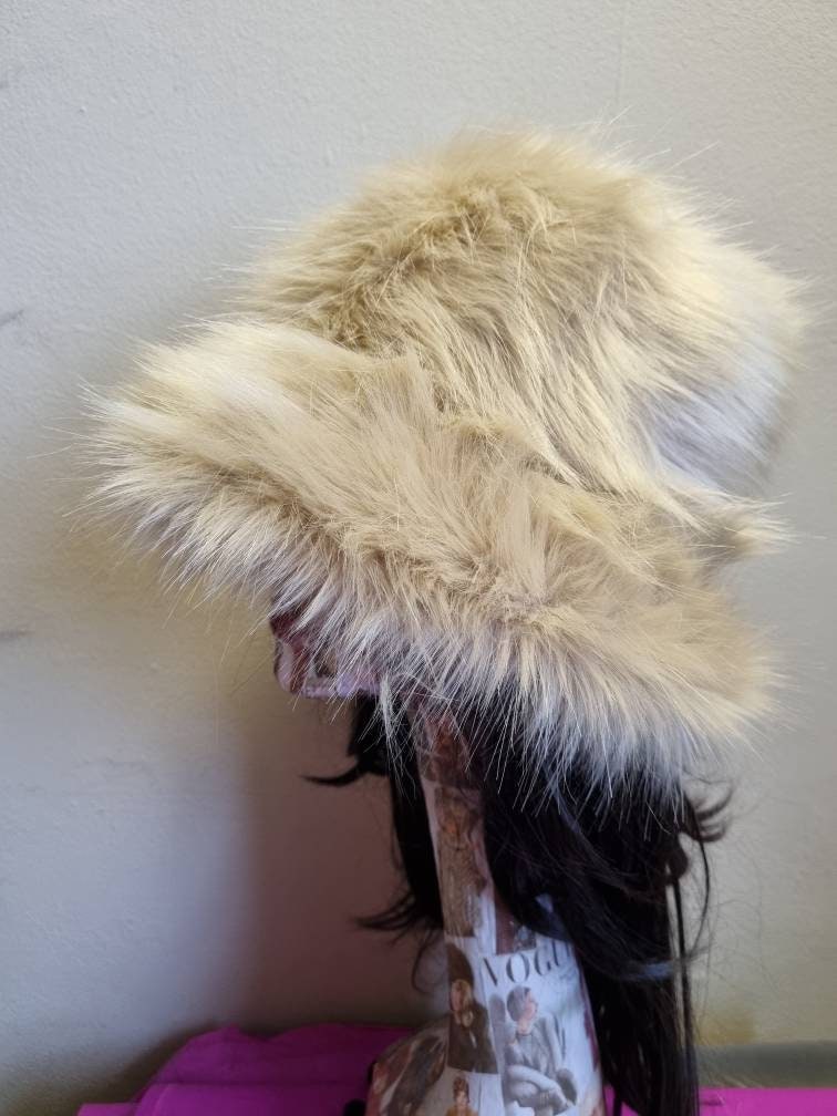 Caramel Fuzzy Bucket Hat-Festival Hat-Floppy Hat-Fur Hat-Fake Fur Hat-Rave Hat-Gold Bucket Hat-Cream Fur Hat-vegan friendly hat-