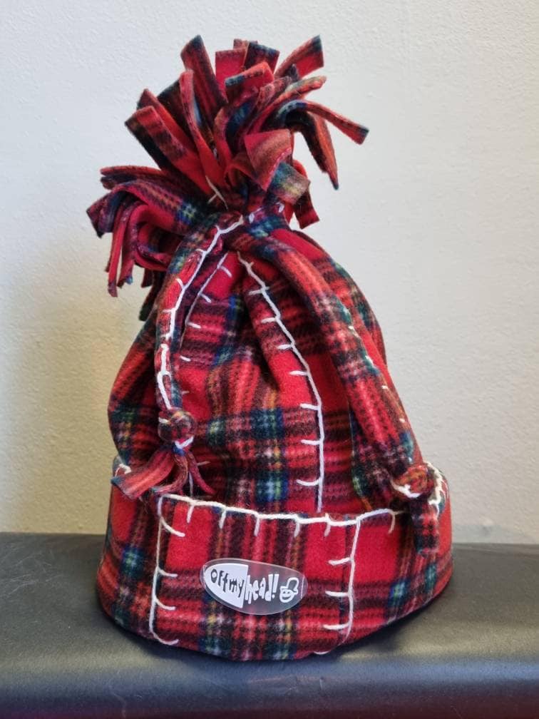 Original Off My Head Hat Tartan Fleece Hat with Blanket Stitch Detail Double Fleece- Fleece Tie Top Hat-Off My Head Hats