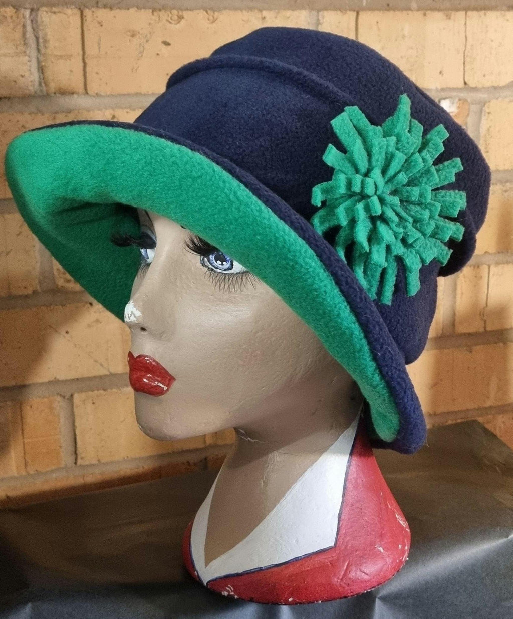 Fleece Cloche Hat: Navy Blue & Green, Downton Abbey Style