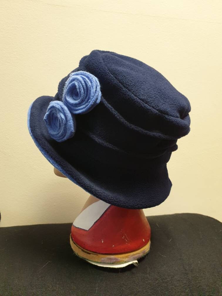 Two Tone Blue Fleece Hat-Fully Fleece Lined-Downton Abbey Hat-Womens Fleece Hat-Womens Fleece Winter Hat-Ladies Winter Hat