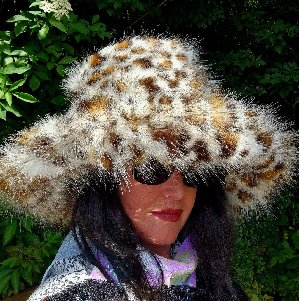 Leopard Print Faux Fur Bucket Hat | Extra Wide Wired Brim | Handmade Festival Hat