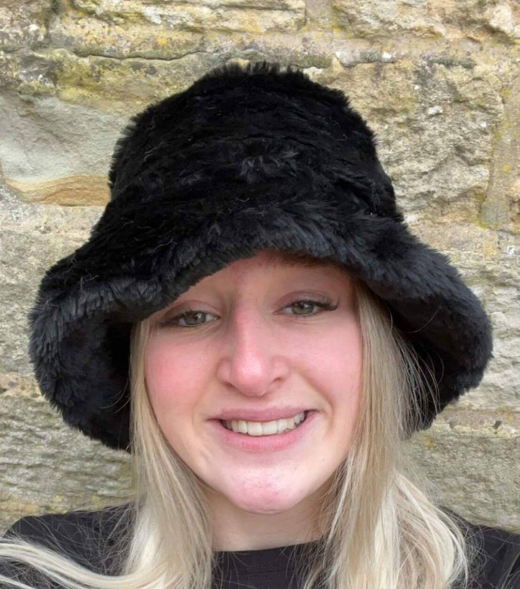 Short Black Fun Fur Bucket Hat-Festival Hat-Floppy Hat-Fur Hat-Fake Fur Hat-Rave Hat-Black Fur Hat- Black Fur Hat- Furry Bucket Hat