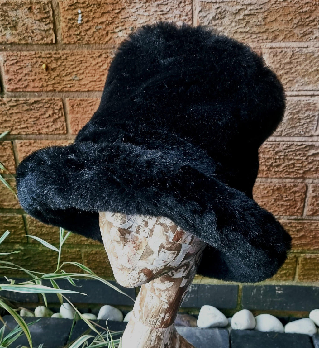 Tall Black Faux Fur Hat | Handmade in England | Festival & Statement Headwear