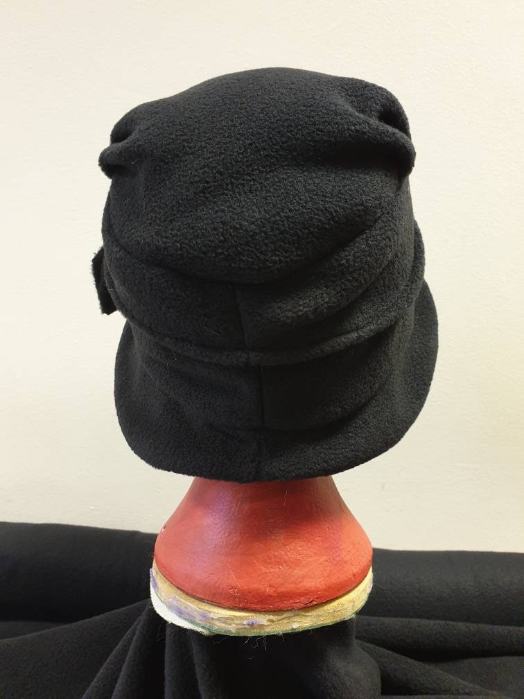 Cosy Black Fleece Hat with Pleated Top-Fully Fleece Lined-Downton Abbey Hat-Womens Fleece Hat-Womens Fleece Winter Hat-Ladies Winter Hat