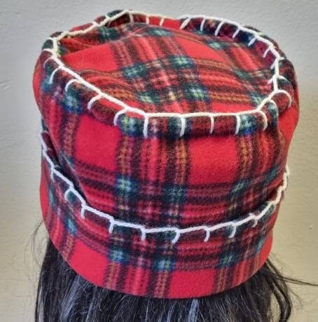 Original Off My Head Hat Tartan Fleece Hat with Blanket Stitch Detail Double Fleece- Fleece Pill Box Hat-Off My Head Hats- Tartan Hat-Fleece