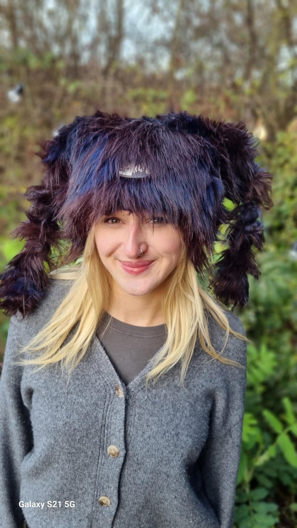 Marshmallow Hat in Twisty Tufty Faux Fur | Browns, Blue & Purple | Off My Head
