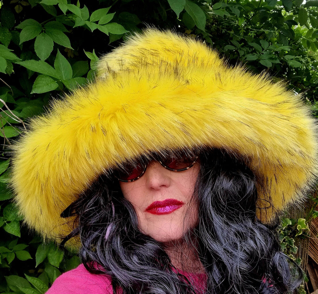 Canary Yellow Black Tips Faux Fur Bucket Hat | Extra Wide Wired Brim | Handmade Festival Hat