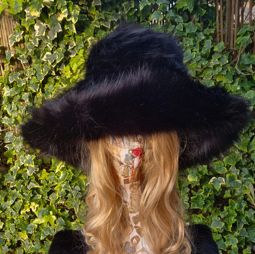 Luxury Wide Brim Black Faux Fur Bucket Hat | Ascot, Winter Weddings & Festivals | Handmade in England