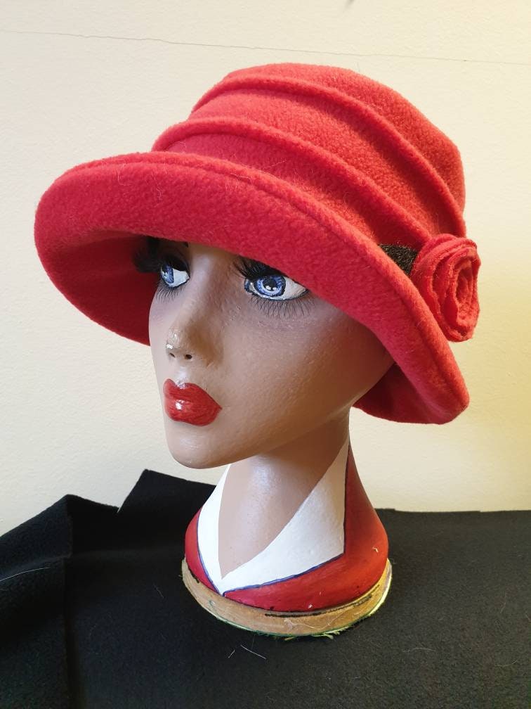Red Fleece Hat Lined with Polar Fleece-Downton Abbey Hat-Womens Fleece Hat-Womens Fleece Winter Hat-1930's-Vintage Hat-Ladies Winter Hat