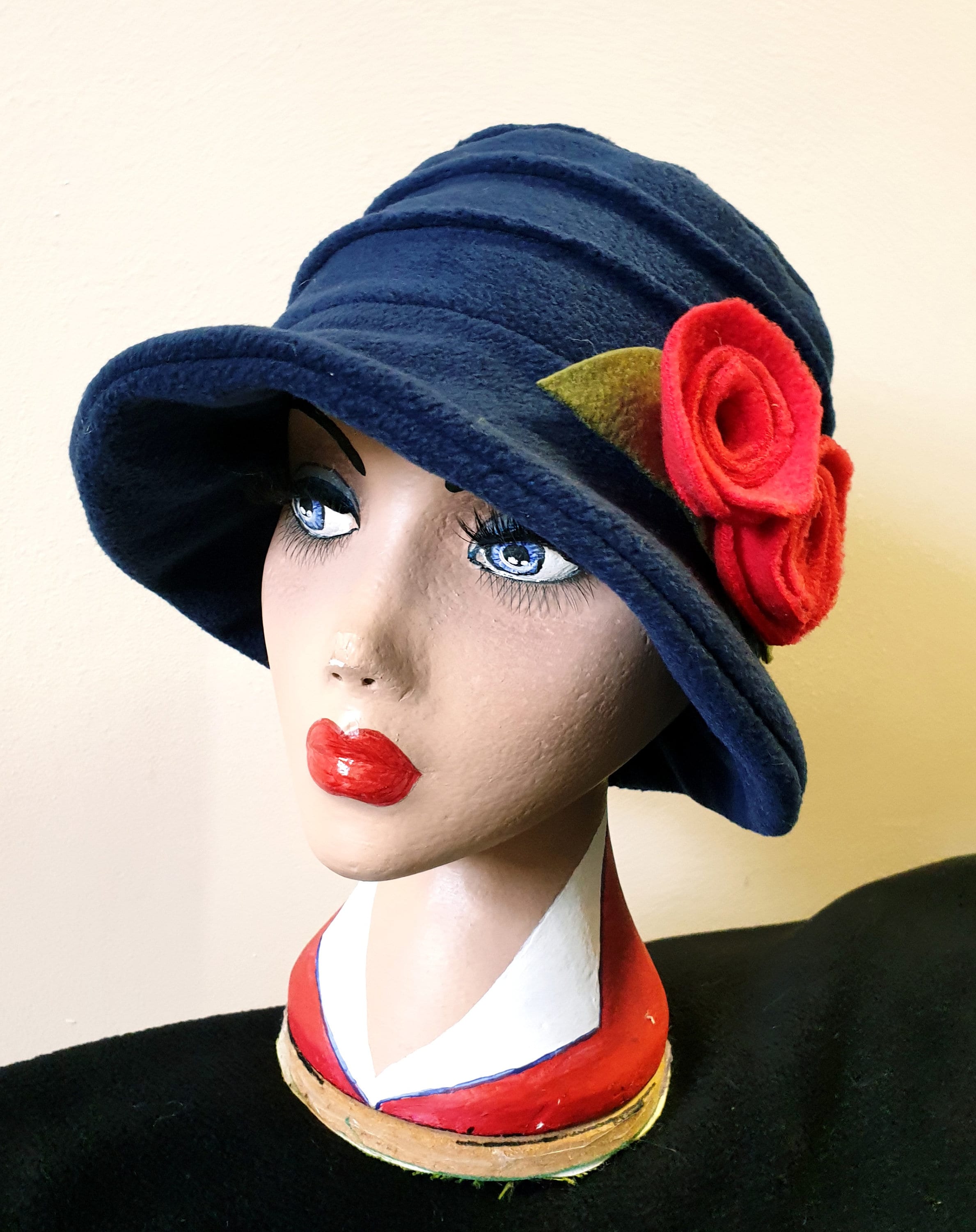 Navy Blue Fleece Hat-Polar Fleece Lining-Downton Abbey Hat-Womens Fleece Hat-Womens Fleece Winter Hat-1930's-Ladies Winter Hat-Blue Fleece