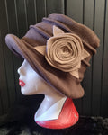 Chocolate Brown Fleece Cloche Hat with Camel Flower-Fleece Lining-Downton Abbey Hat-Womens Fleece Hat-Ladies Winter Hat-Brown Polar Fleece
