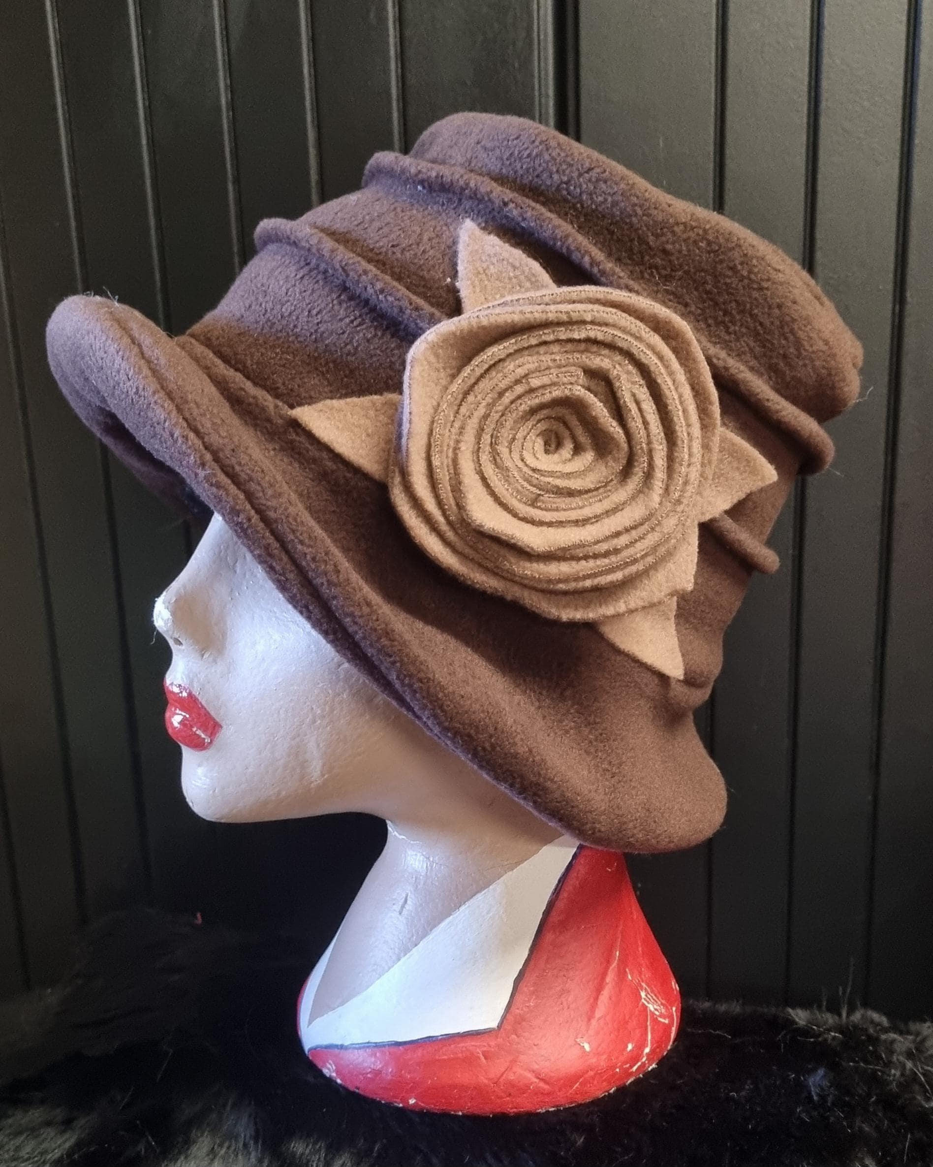 Chocolate Brown Fleece Cloche Hat with Camel Flower-Fleece Lining-Downton Abbey Hat-Womens Fleece Hat-Ladies Winter Hat-Brown Polar Fleece