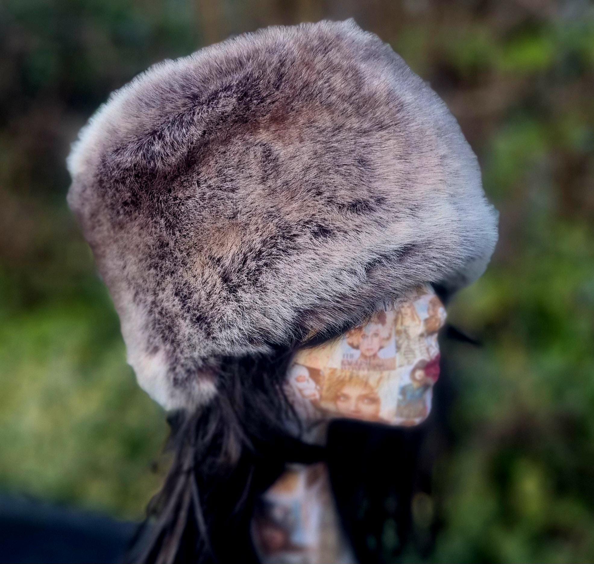 Faux Chinchilla- Winter Faux Fur Hat-Brown-Grey Fur Hat-Brown Fake Fur-Fur Pill Box Hat-Winter Fake Fur Hat Silver Grey- Vegan Fabric