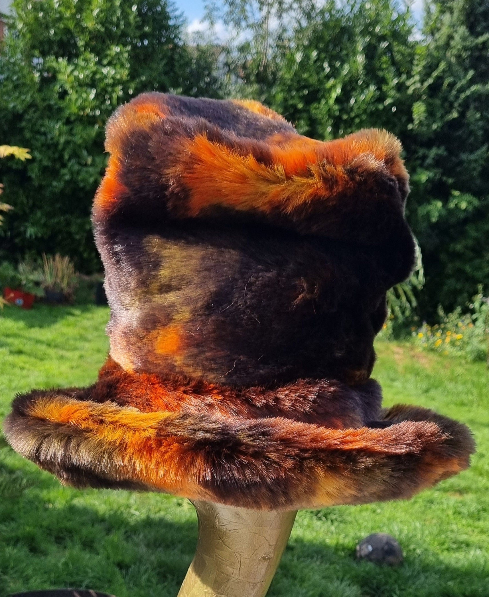 Tall Faux Fur Hat | Black, Brown & Orange | Handmade in the UK
