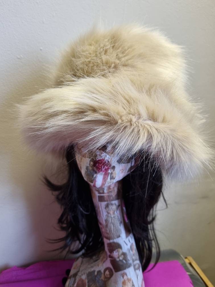 Caramel Fuzzy Bucket Hat-Festival Hat-Floppy Hat-Fur Hat-Fake Fur Hat-Rave Hat-Gold Bucket Hat-Cream Fur Hat-vegan friendly hat-