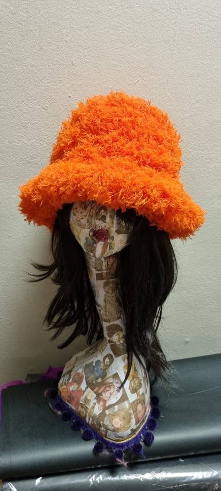Curly Frills Orange Faux Fur Bucket Hat-Festival Hat-Floppy Hat-Fur Hat-Fake Fur Hat-Rave Hat-Orange Fur Hat- Orange Fur Hat-Bright Orange