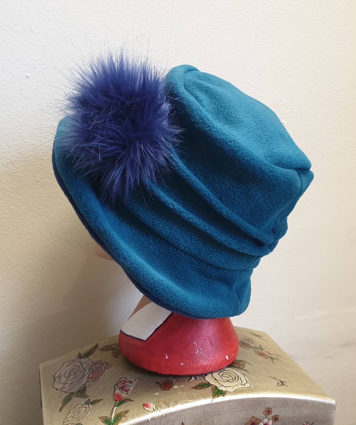 Teal & Airforce Blue Fleece Cloche Hat | Handmade in England | Choice of Finish