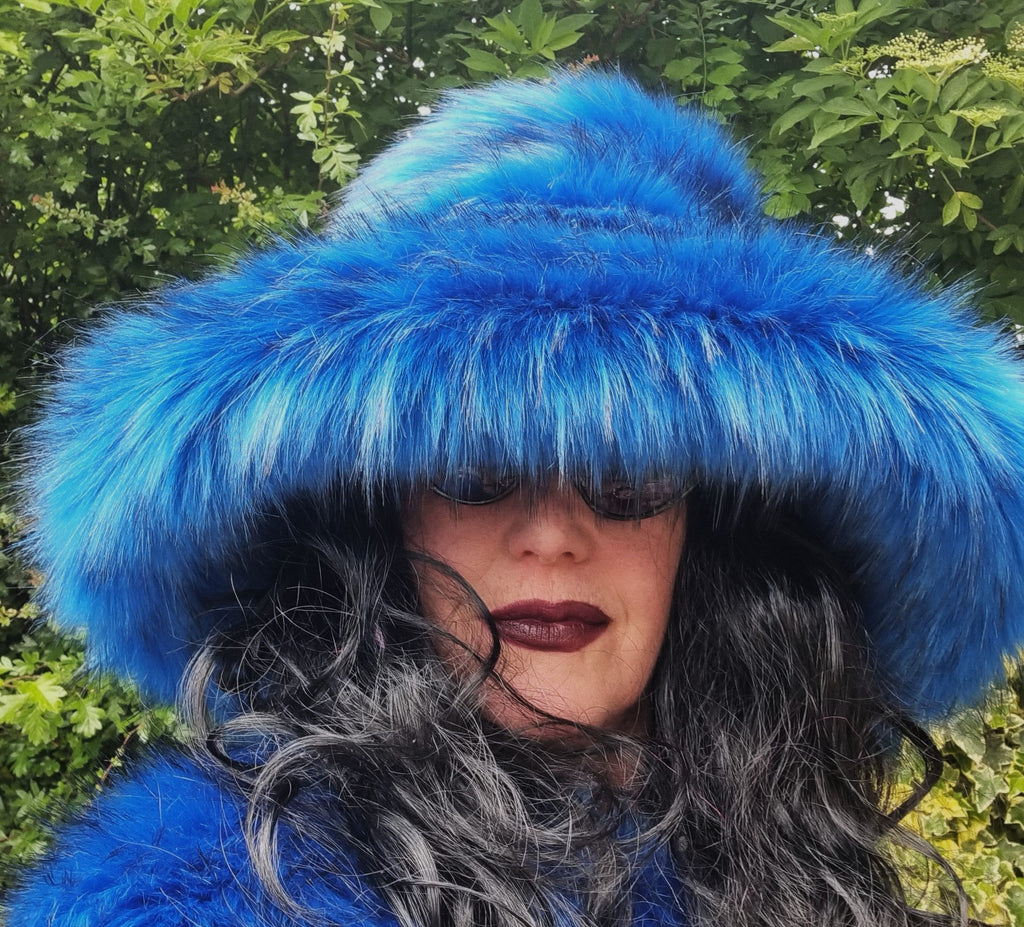 Royal Blue Faux Fur Bucket Hat | Extra Wide Wired Brim | Handmade Festival Hat