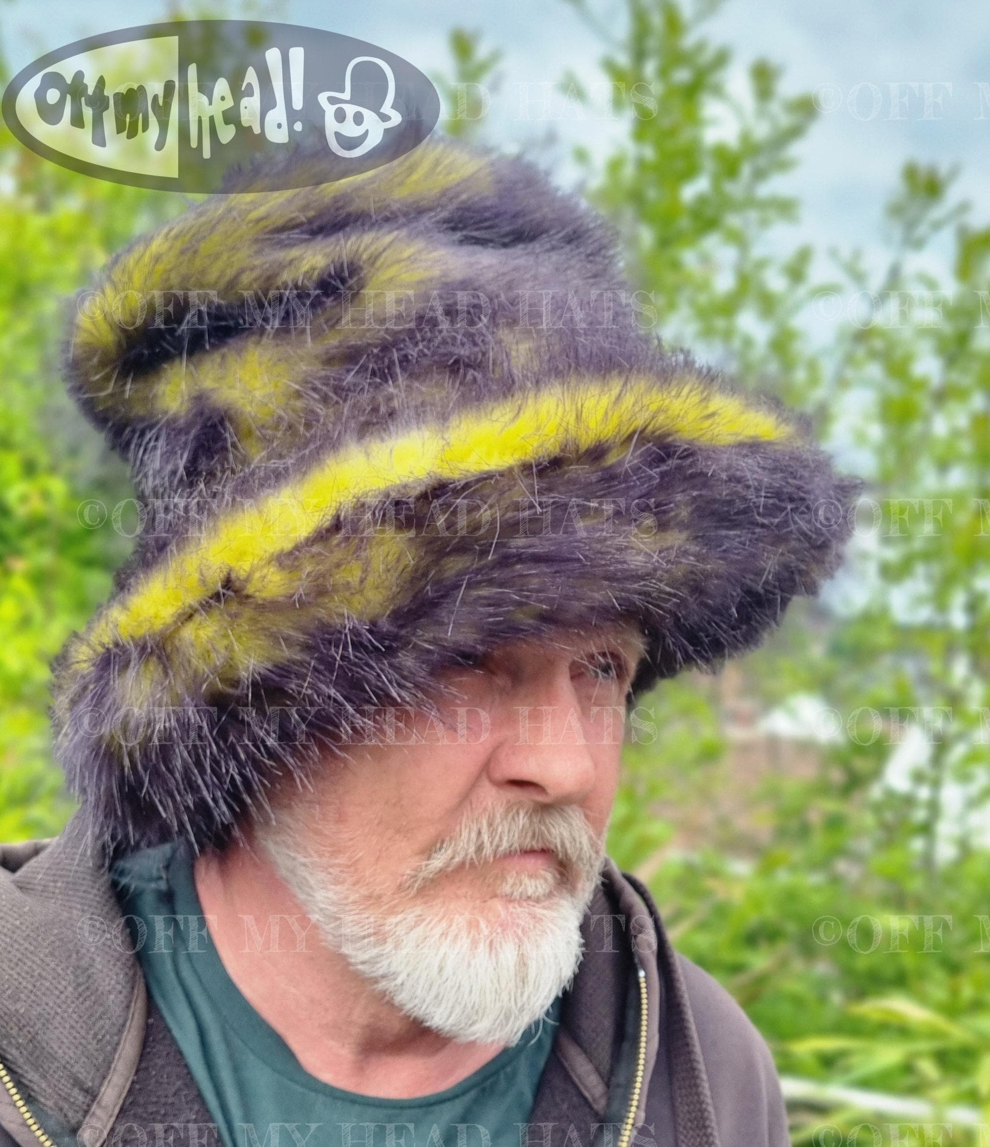 5 inch Tall Yellow-Black Fluffy Hat-JK Style Hat-Space Cowboy Style Hat-Fake Fur Black Hat- Stovepipe Hat- Black Top Hat-Yellow-Cruelty Free