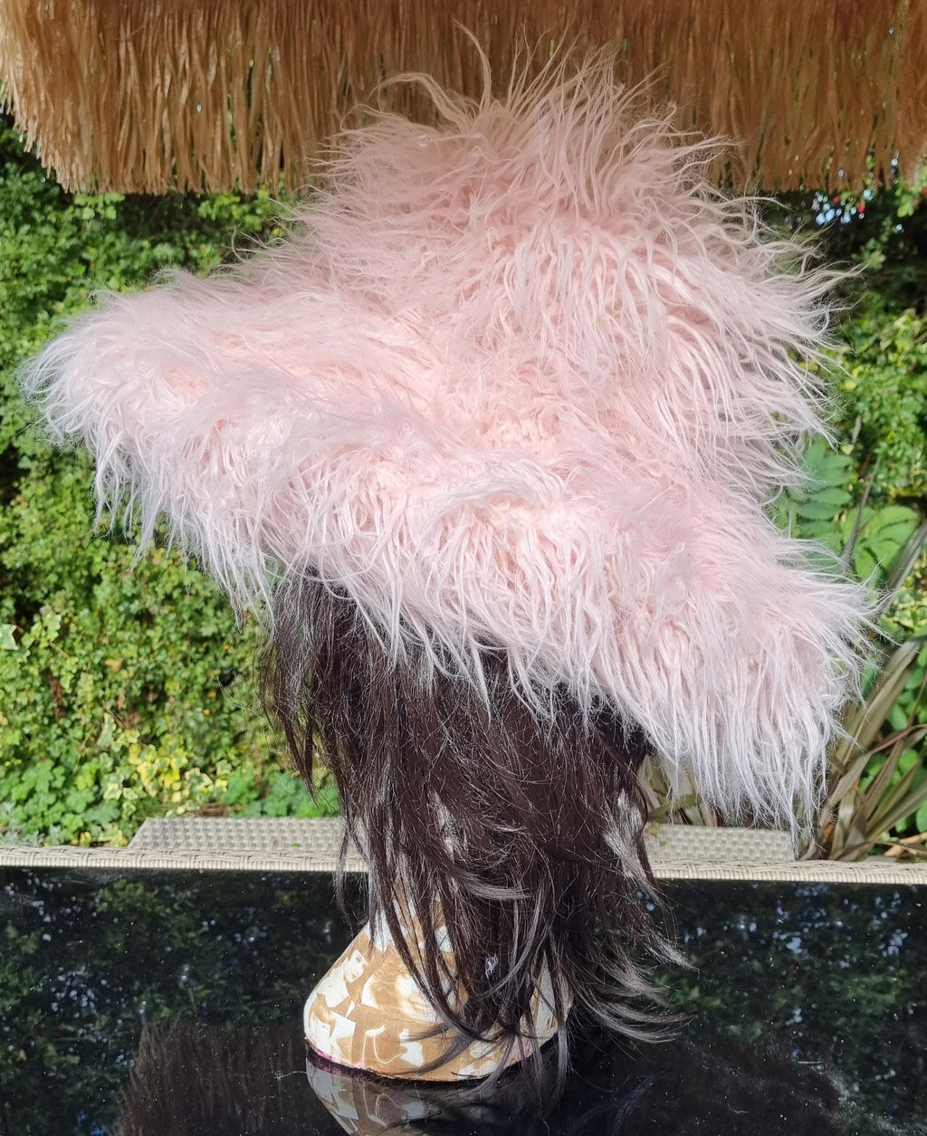 Oversized Pink Faux Fur Bucket Hat | Extra Wide Wired Brim | Festival Hat